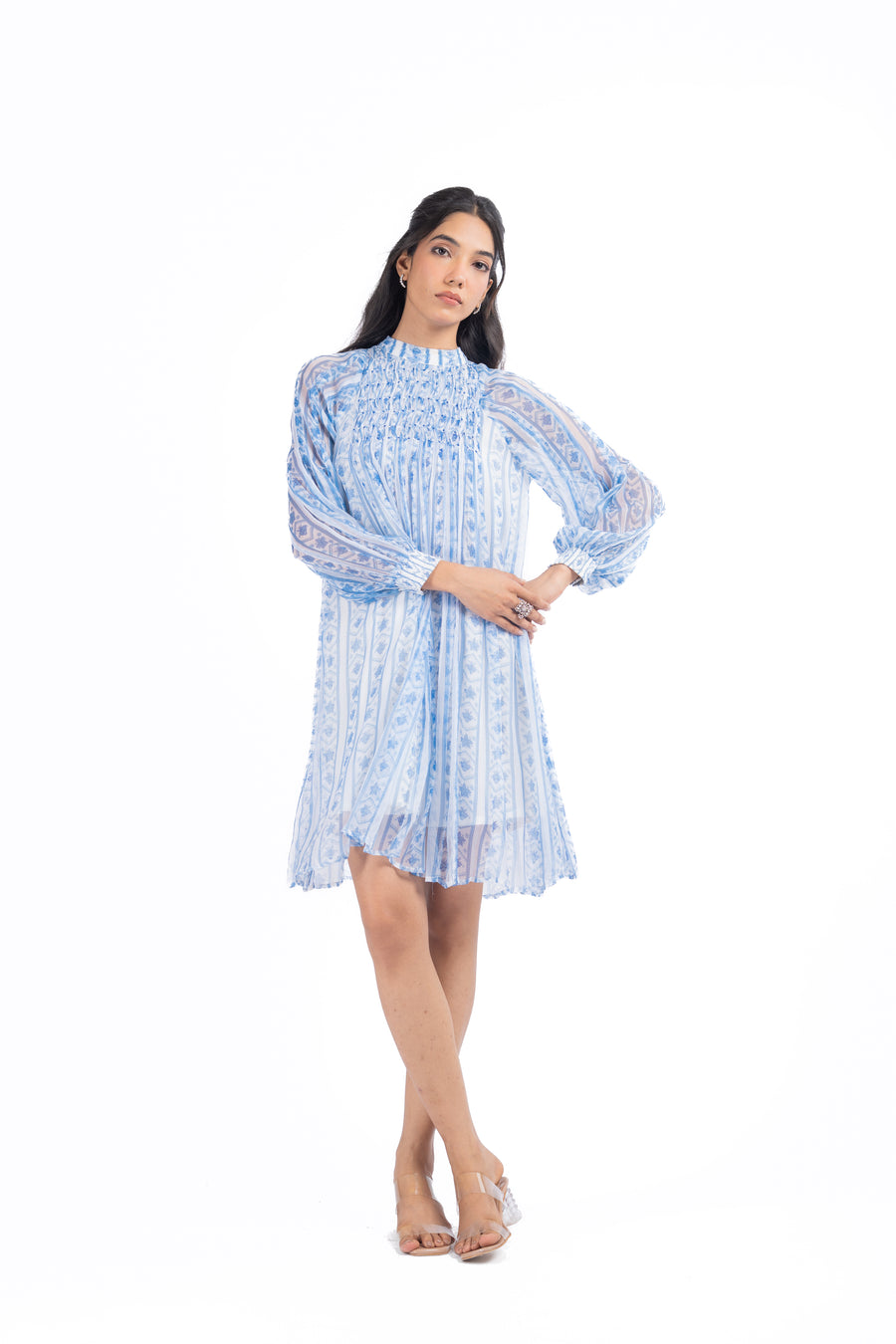 WOMEN'S BLUE & WHITE CHIFFON IKA DRESS