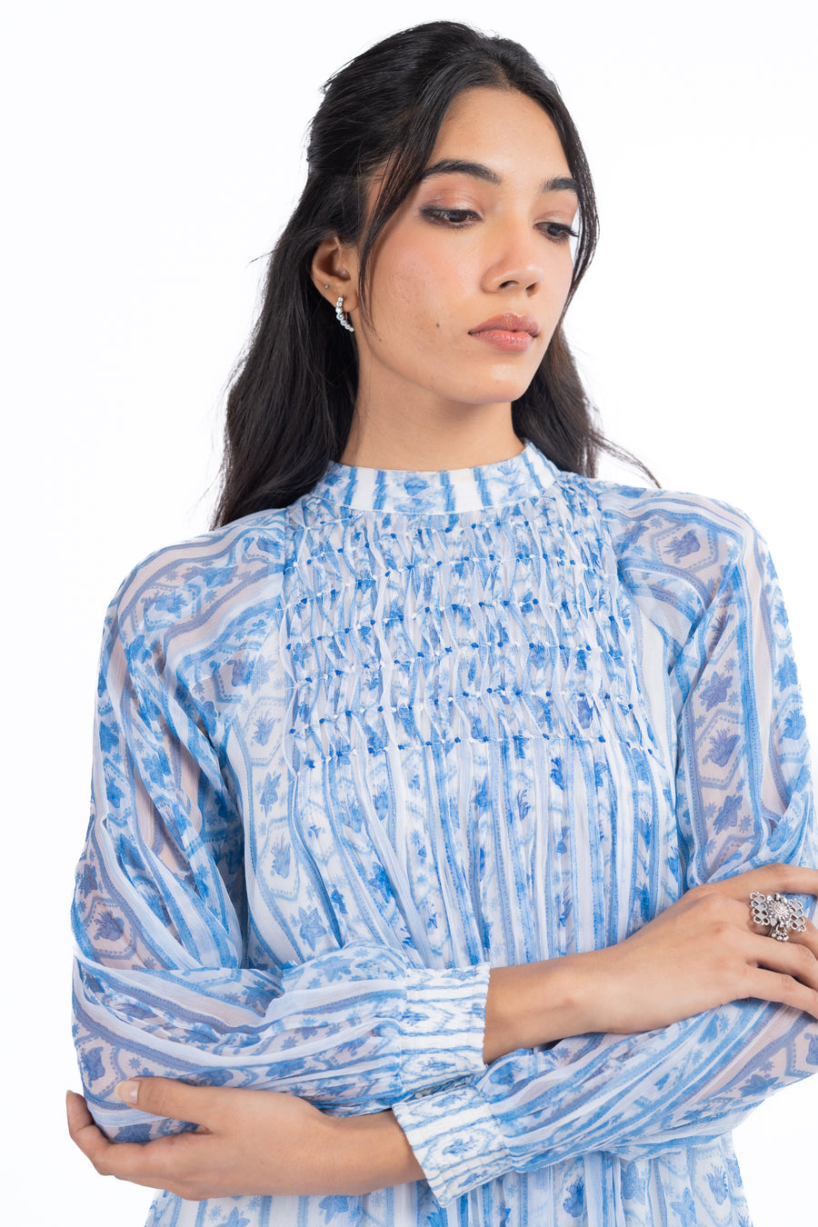 WOMEN'S BLUE & WHITE CHIFFON IKA DRESS