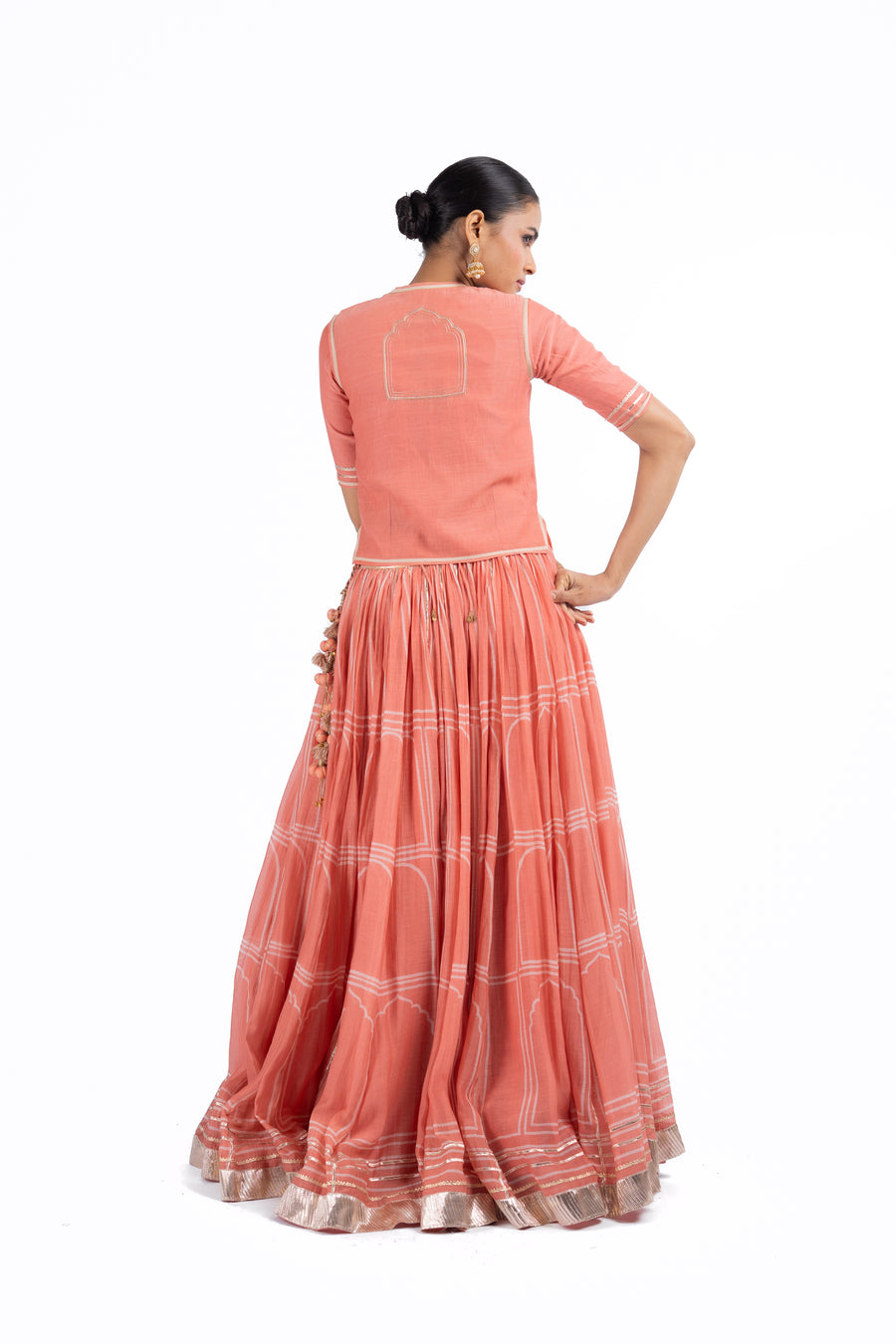 WOMEN'S ORANGE CHANDERI HAWA MAHAL LEHENGA SET