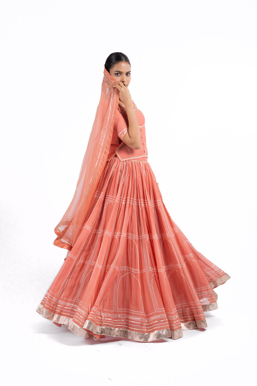 WOMEN'S ORANGE CHANDERI HAWA MAHAL LEHENGA SET