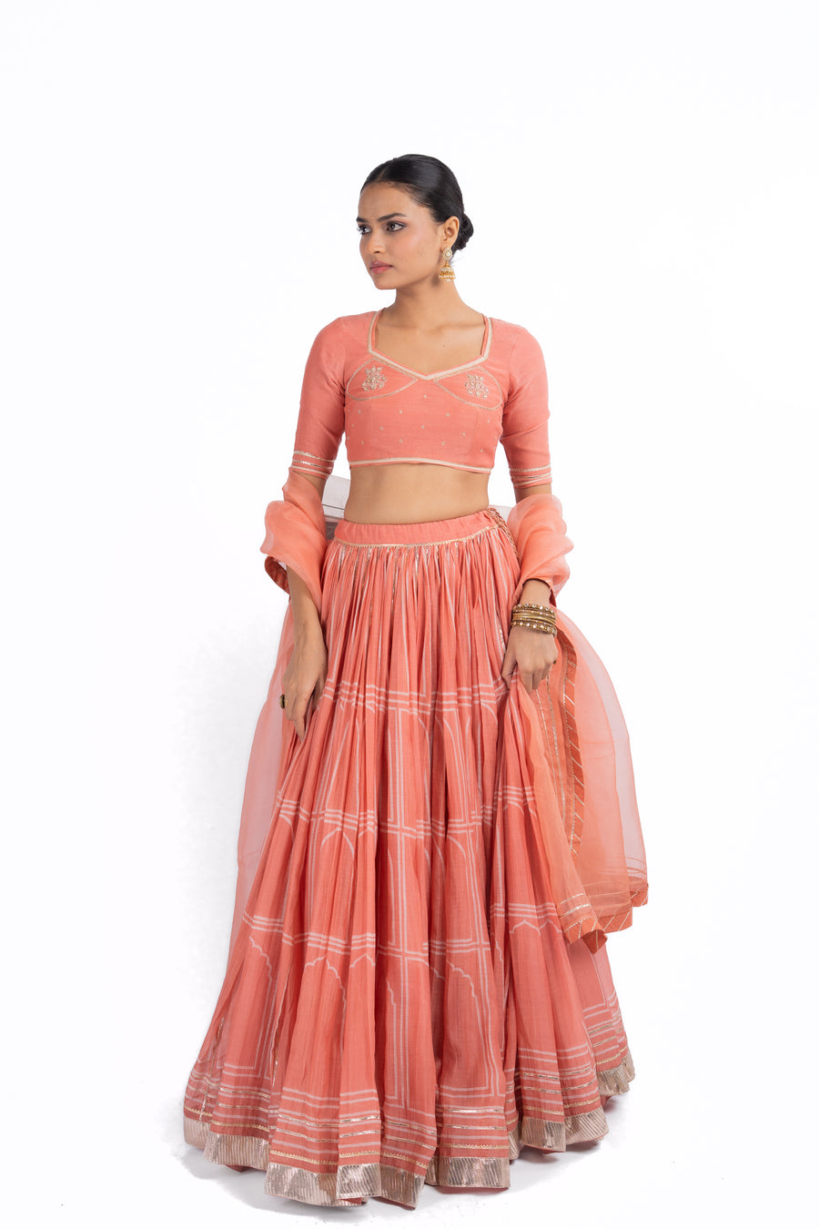 WOMEN'S ORANGE CHANDERI HAWA MAHAL LEHENGA SET