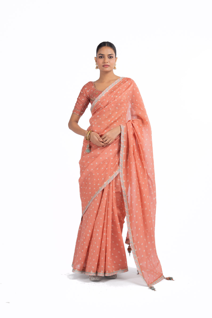 WOMEN'S ORANGE CHANDERI KESARIYA NOOR SAREE SET