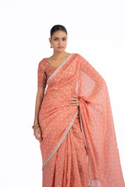 WOMEN'S ORANGE CHANDERI KESARIYA NOOR SAREE SET