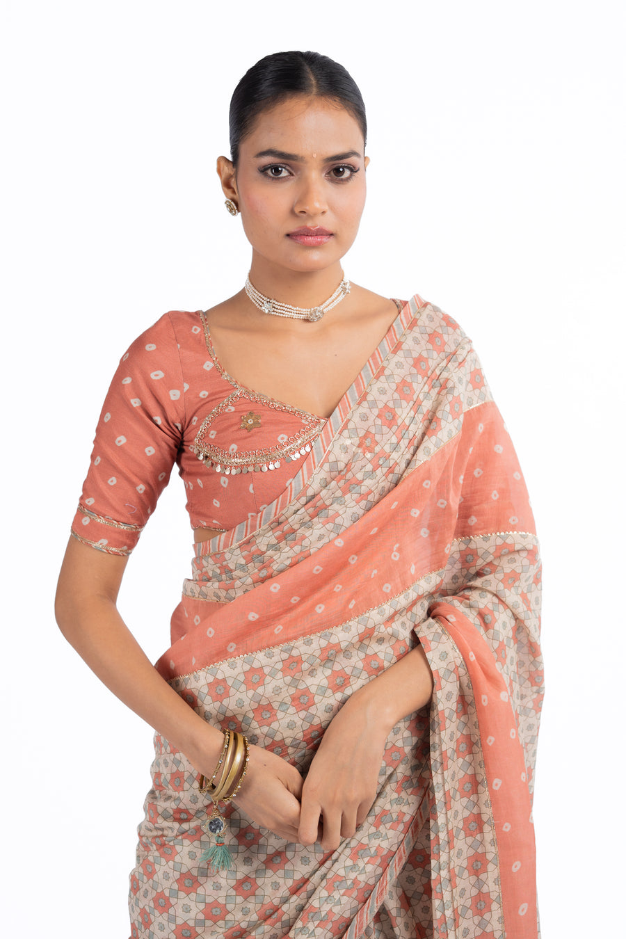 WOMEN'S MULTICOLOR CHANDERI JAL JHAROKHA SAREE SET