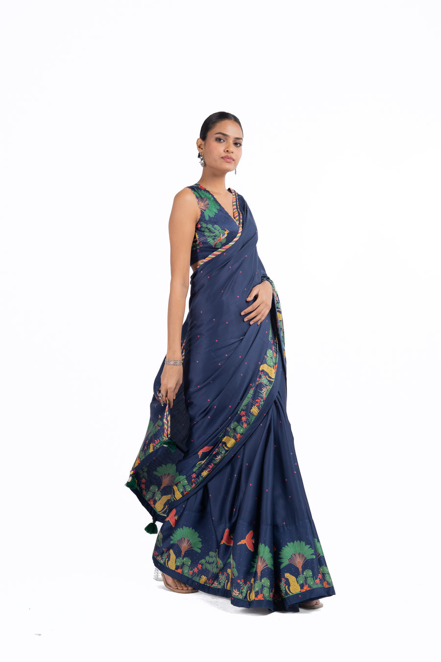 WOMEN'S BLUE MODAL SATIN CHAMKI SAREE
