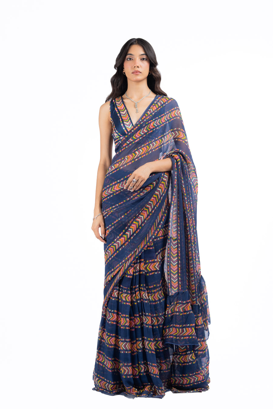 WOMEN'S BLUE CHIFFON JHILMIL SAREE