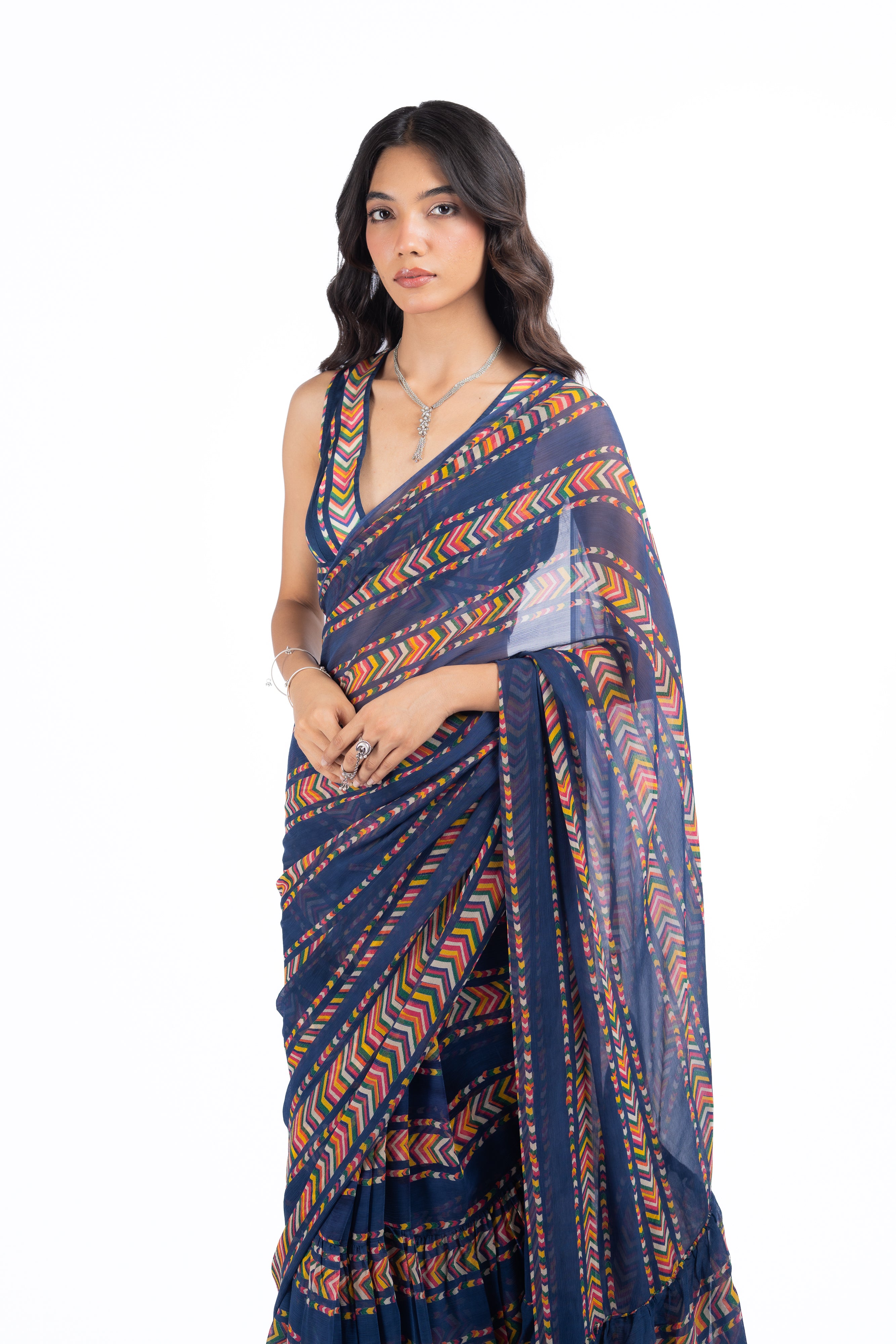 WOMEN'S BLUE CHIFFON JHILMIL SAREE