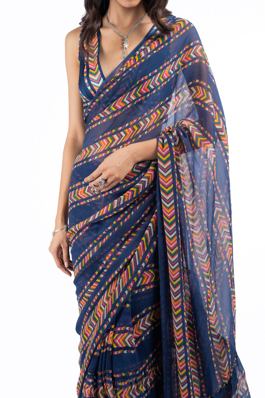 WOMEN'S BLUE CHIFFON JHILMIL SAREE