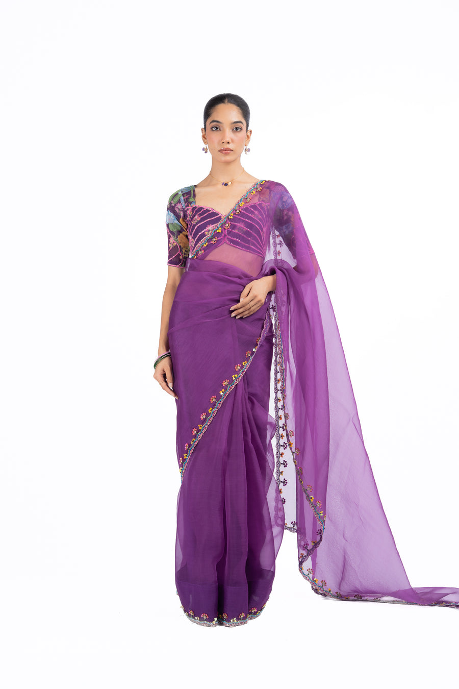 WOMEN'S PURPLE ORGANZA GOPI SAREE SET