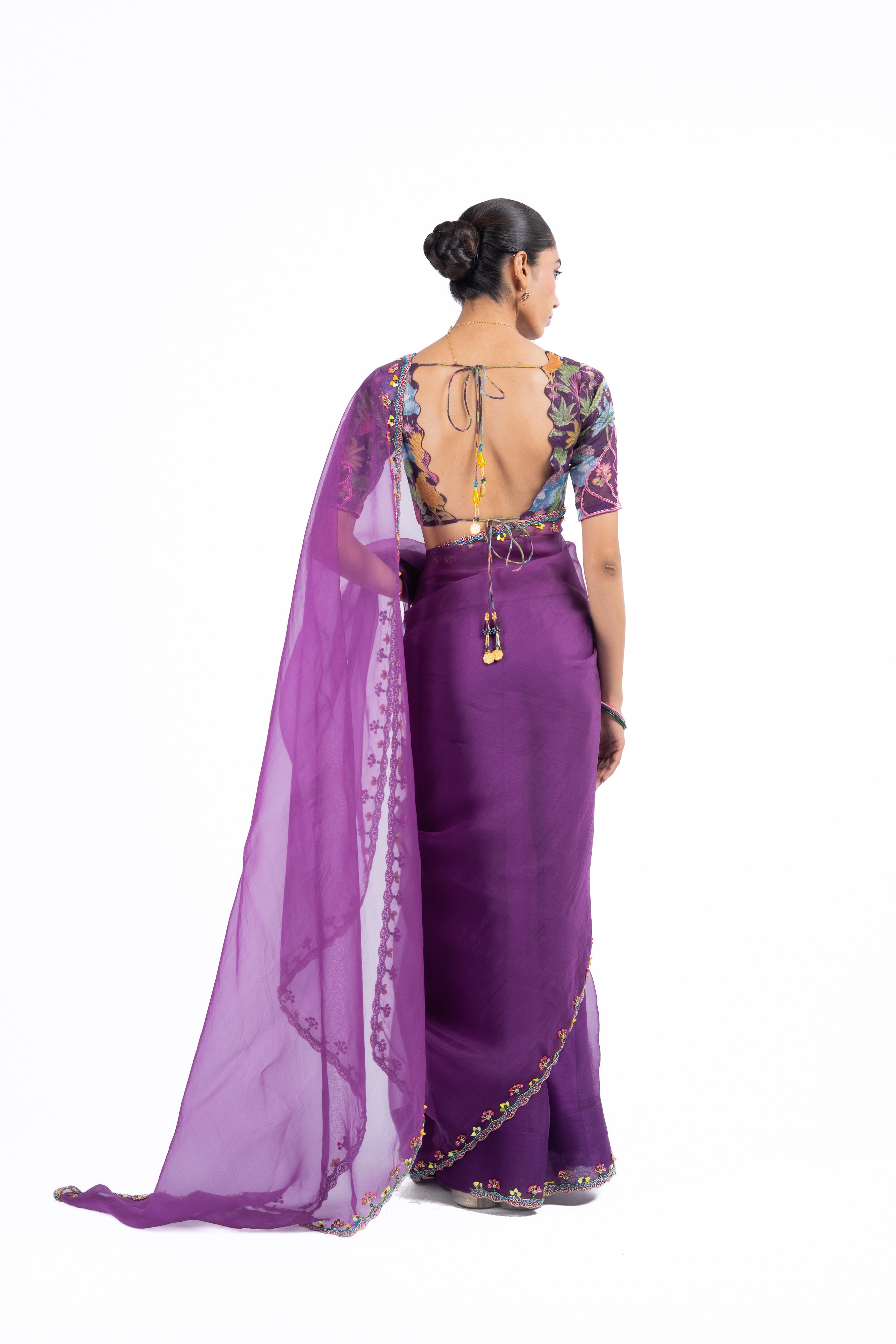 WOMEN'S PURPLE ORGANZA GOPI SAREE SET