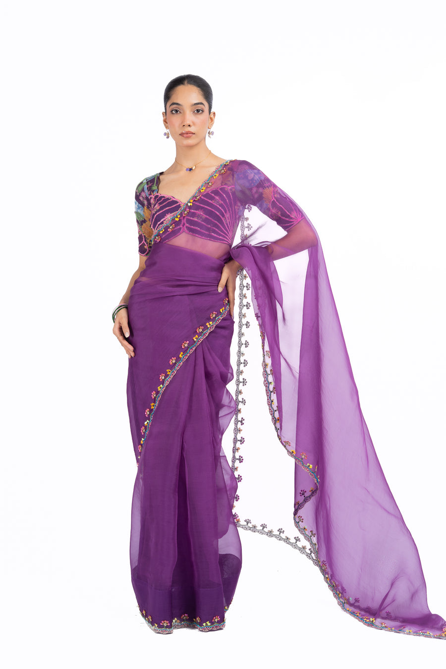WOMEN'S PURPLE ORGANZA GOPI SAREE SET