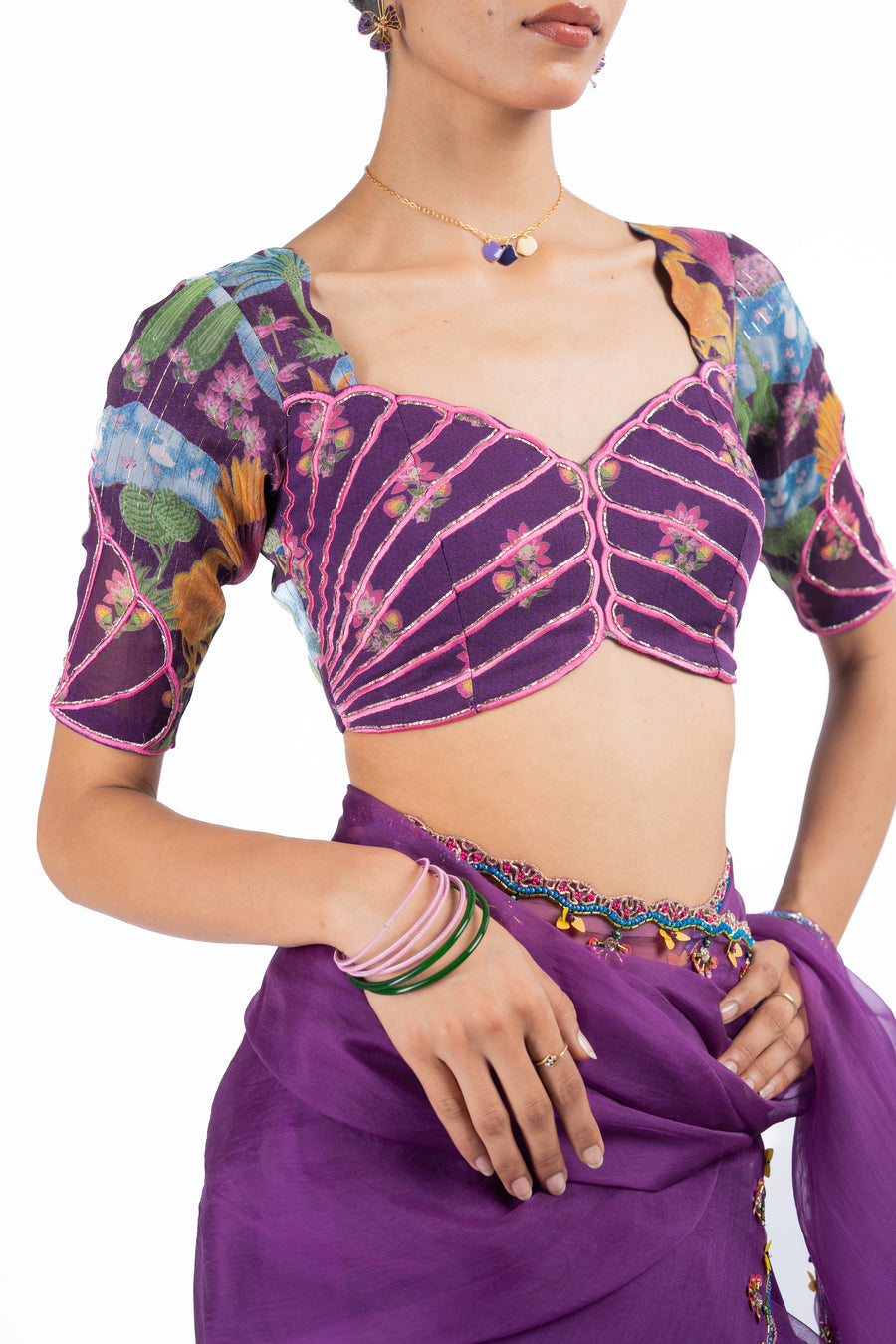 WOMEN'S PURPLE ORGANZA GOPI SAREE SET