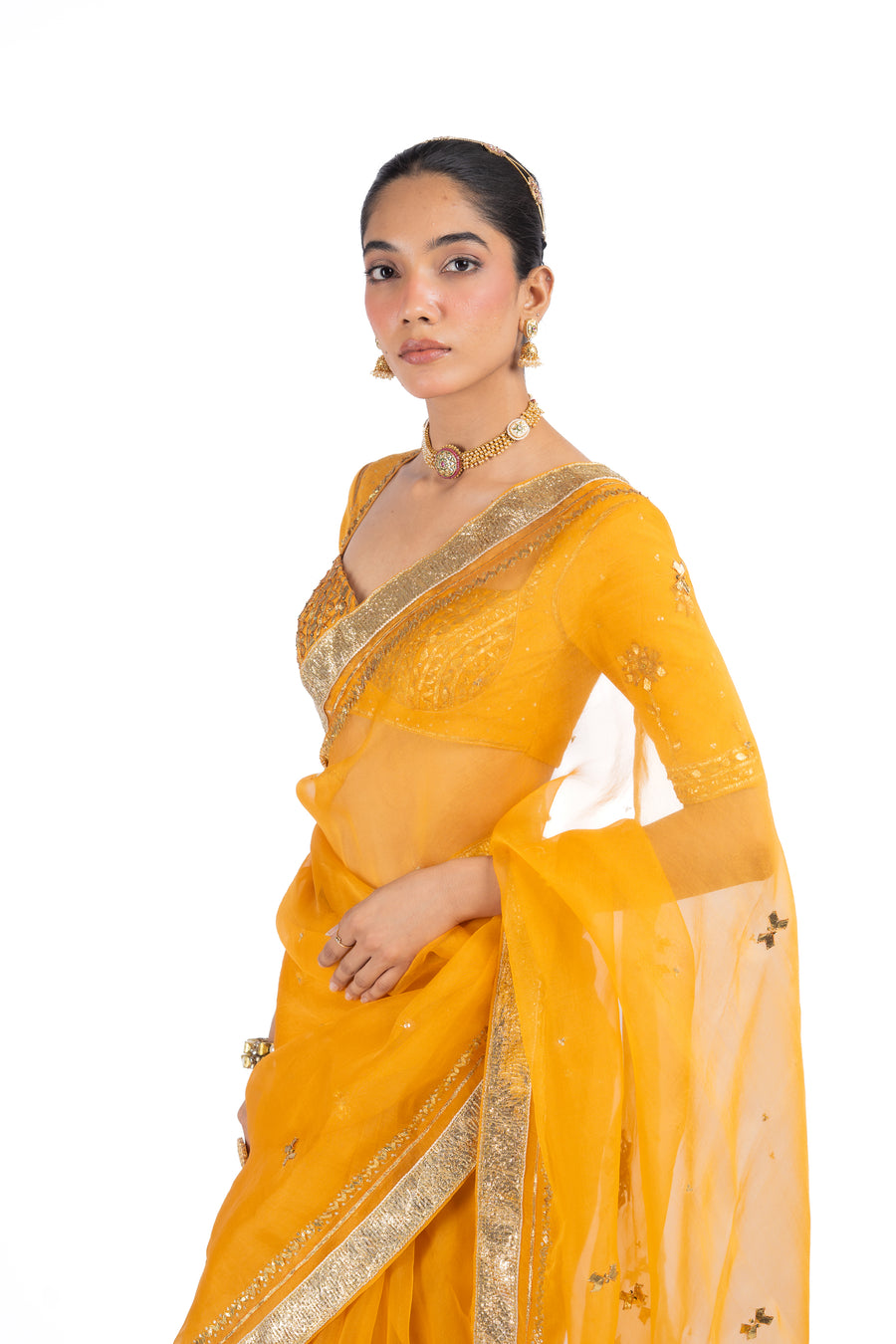 SUNEHRI  SAREE WITH STITCHED BLOUSE  SET OF 2