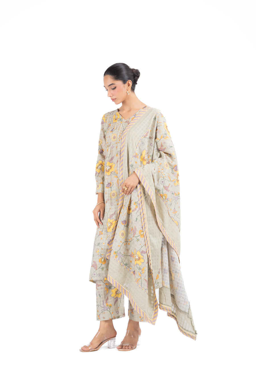 WOMEN'S GREEN COTTON DOBBY TENDRIL KURTA PANT SET