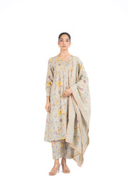WOMEN'S GREEN COTTON DOBBY TENDRIL KURTA PANT SET