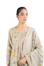 WOMEN'S GREEN COTTON DOBBY TENDRIL KURTA PANT SET