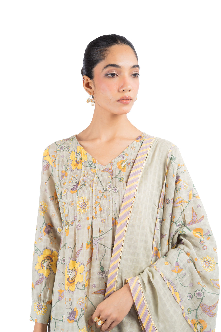 WOMEN'S GREEN COTTON DOBBY TENDRIL KURTA PANT SET