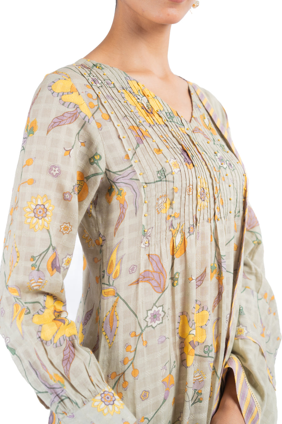 WOMEN'S GREEN COTTON DOBBY TENDRIL KURTA PANT SET