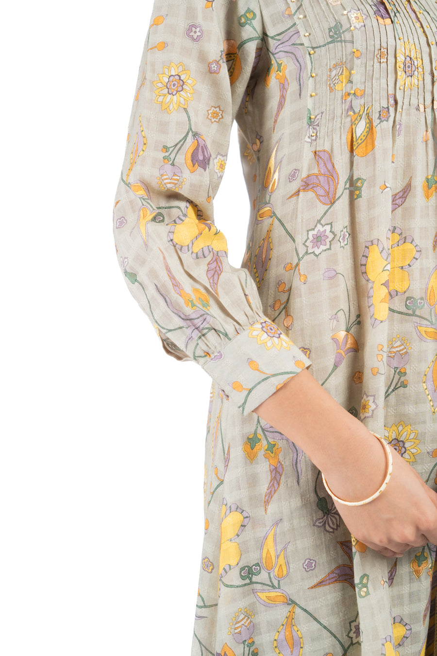 WOMEN'S GREEN COTTON DOBBY TENDRIL KURTA PANT SET