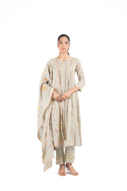 WOMEN'S GREEN COTTON DOBBY SOLVIA KURTA PANT SET