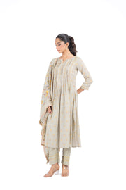 WOMEN'S GREEN COTTON DOBBY SOLVIA KURTA PANT SET