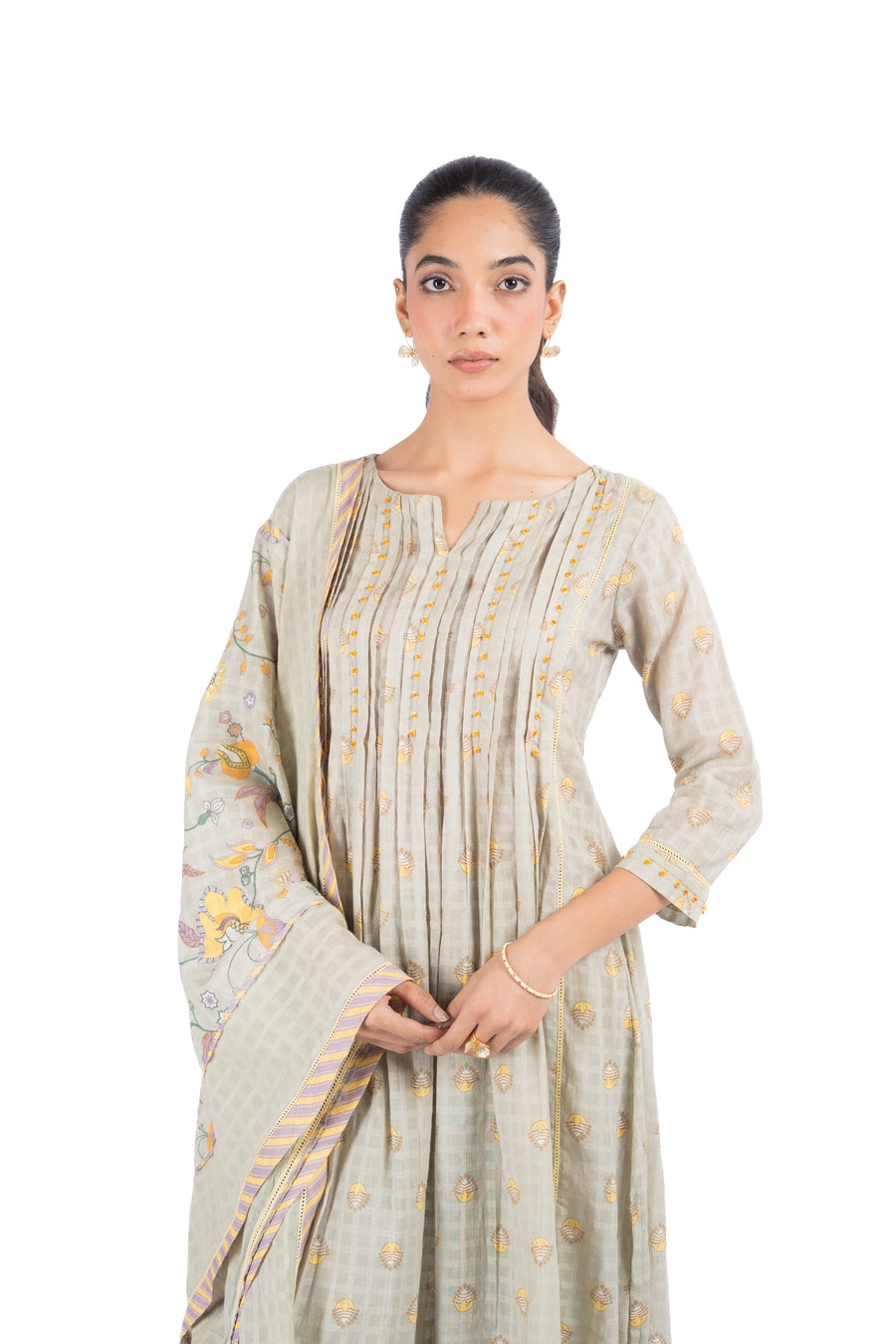 WOMEN'S GREEN COTTON DOBBY SOLVIA KURTA PANT SET