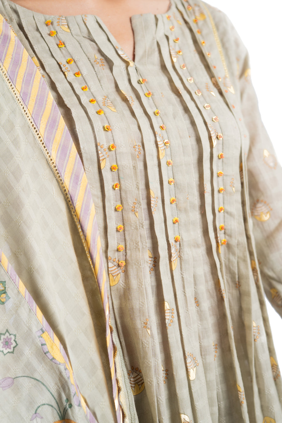 WOMEN'S GREEN COTTON DOBBY SOLVIA KURTA PANT SET