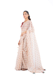 WOMEN'S BEIGE & RED CHANDERI BAGH BOOTA SAREE SET