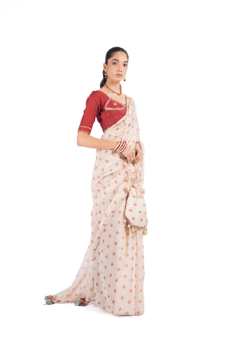WOMEN'S BEIGE & RED CHANDERI BAGH BOOTA SAREE SET