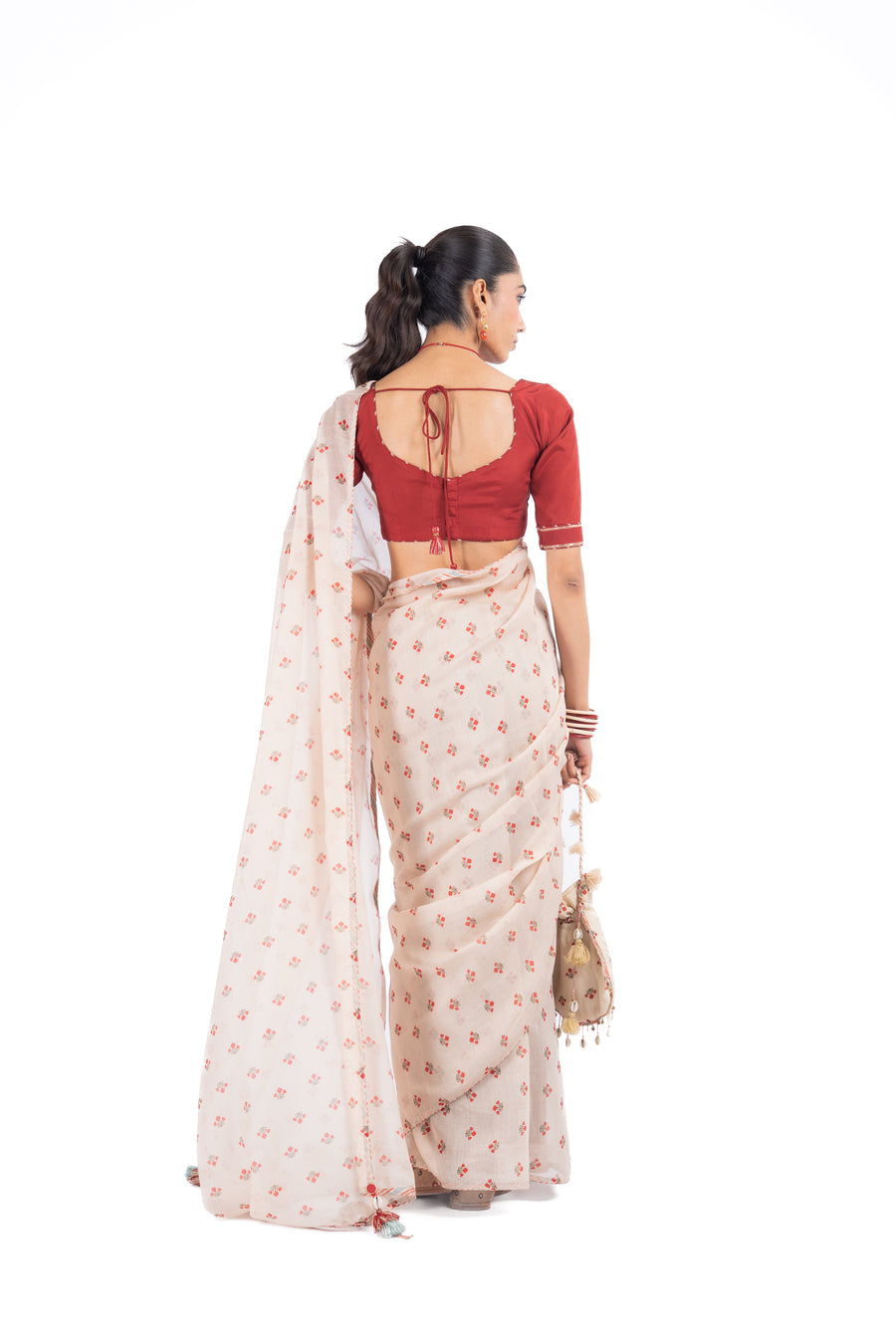 WOMEN'S BEIGE & RED CHANDERI BAGH BOOTA SAREE SET