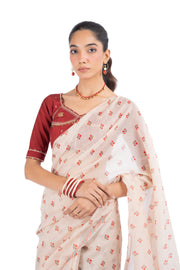 WOMEN'S BEIGE & RED CHANDERI BAGH BOOTA SAREE SET