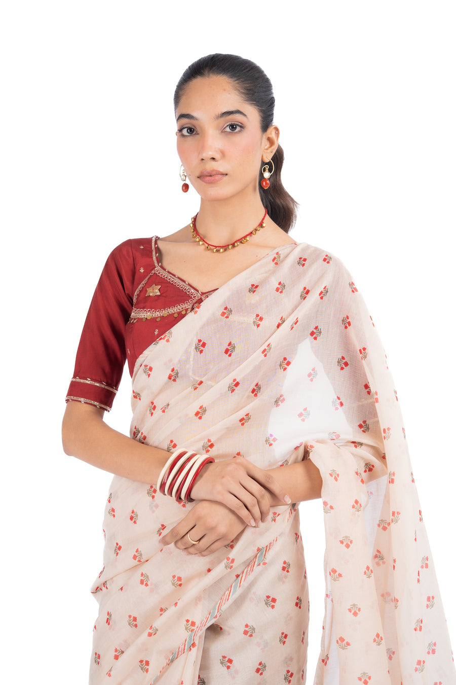 WOMEN'S BEIGE & RED CHANDERI BAGH BOOTA SAREE SET