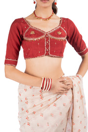 WOMEN'S BEIGE & RED CHANDERI BAGH BOOTA SAREE SET