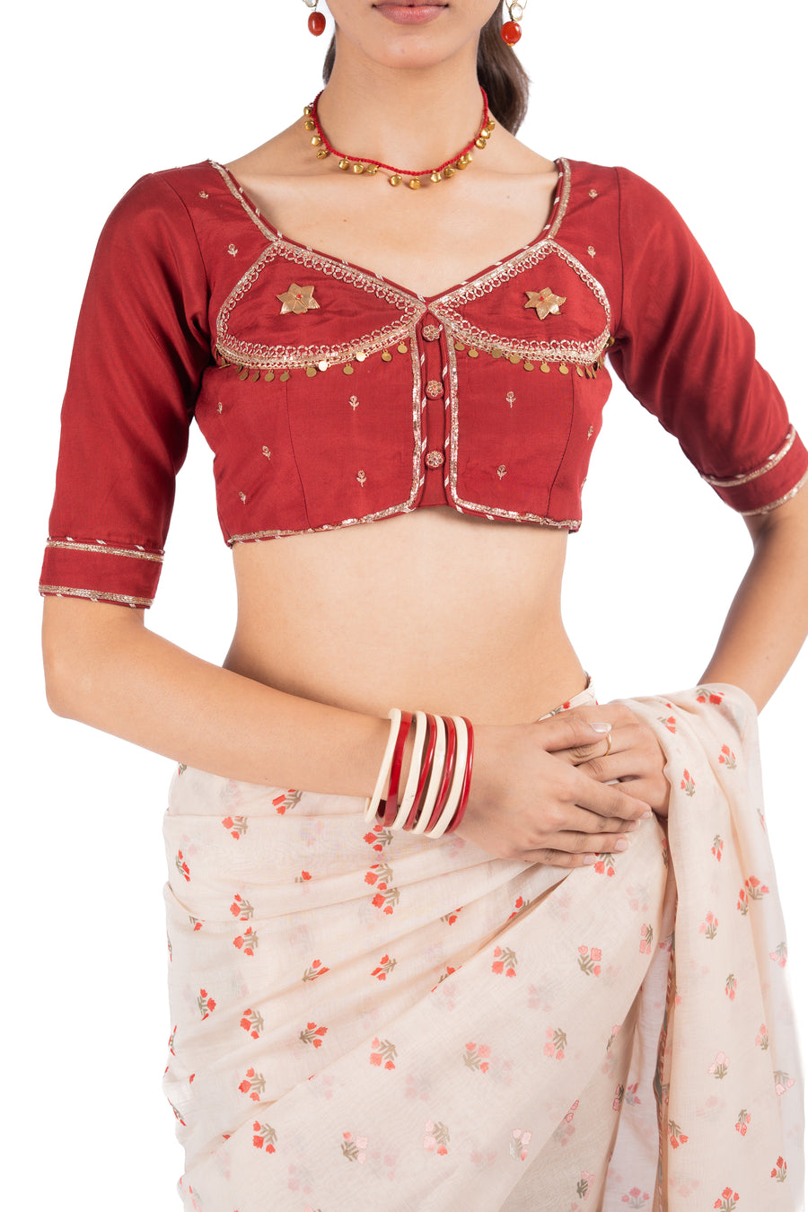 WOMEN'S BEIGE & RED CHANDERI BAGH BOOTA SAREE SET