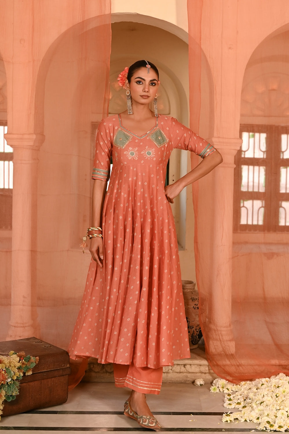 WOMEN'S ORANGE CHANDERI SURAJMUKHI ANARKALI SET