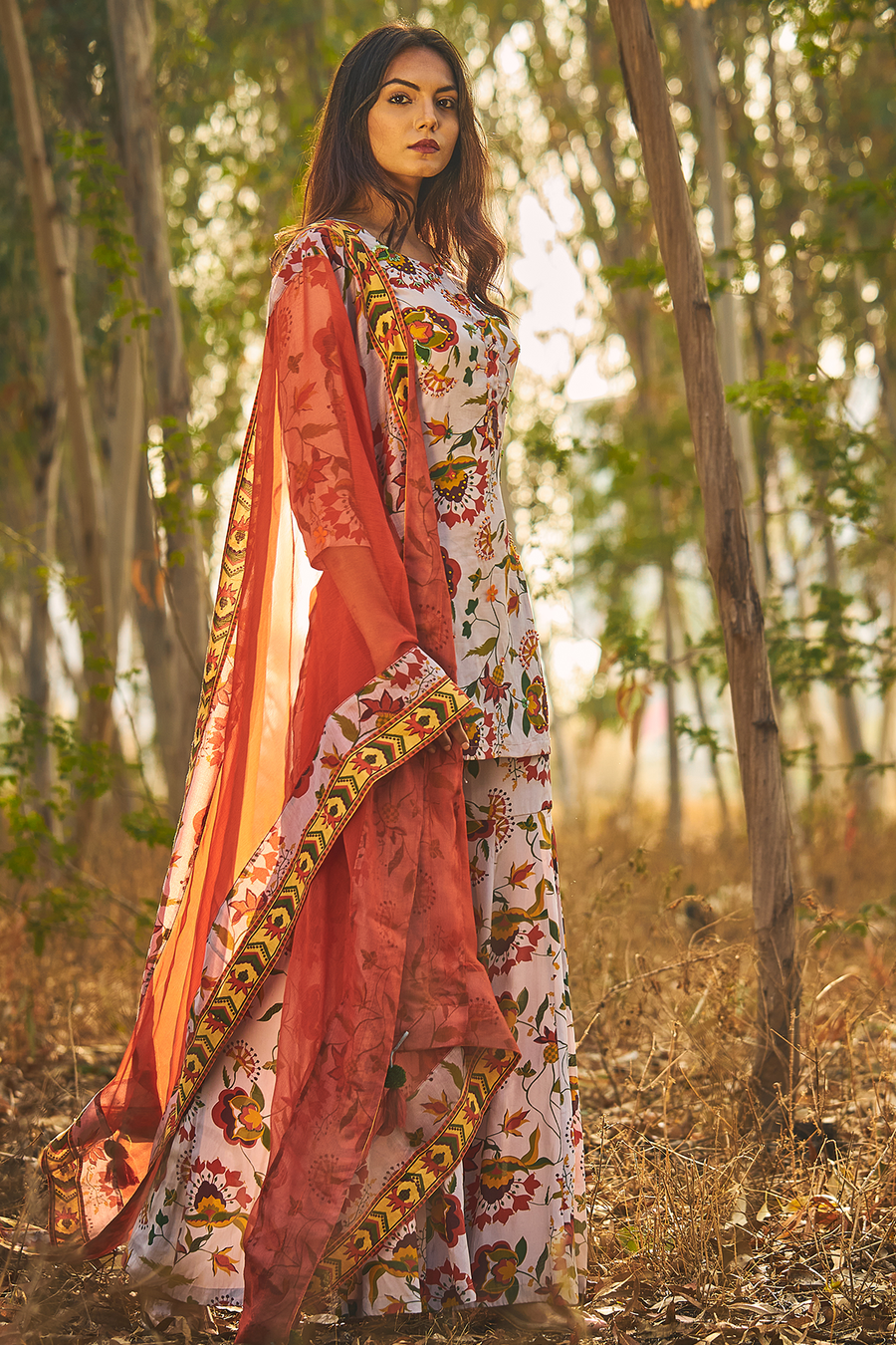WOMEN'S GREY, PALE ORANGE CHIFFON BUTEA GHARARA SET