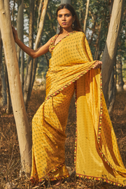 WOMEN'S PINEAPPLE YELLOW NATURAL CREPE SANTOLINA CREPE SAREE