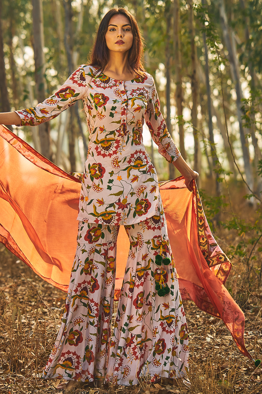 WOMEN'S GREY, PALE ORANGE CHIFFON BUTEA GHARARA SET