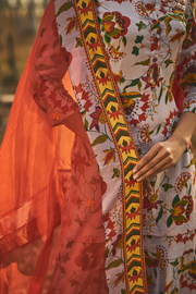 WOMEN'S GREY, PALE ORANGE CHIFFON BUTEA GHARARA SET