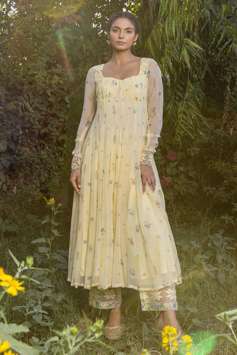 WOMEN'S PASTEL YELLOW - MULTICOLOR CHIFFON  JUNIPER ANARKALI SET