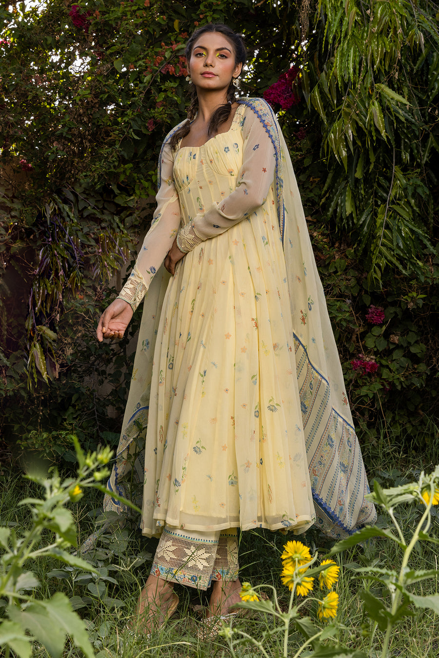 WOMEN'S PASTEL YELLOW - MULTICOLOR CHIFFON  JUNIPER ANARKALI SET