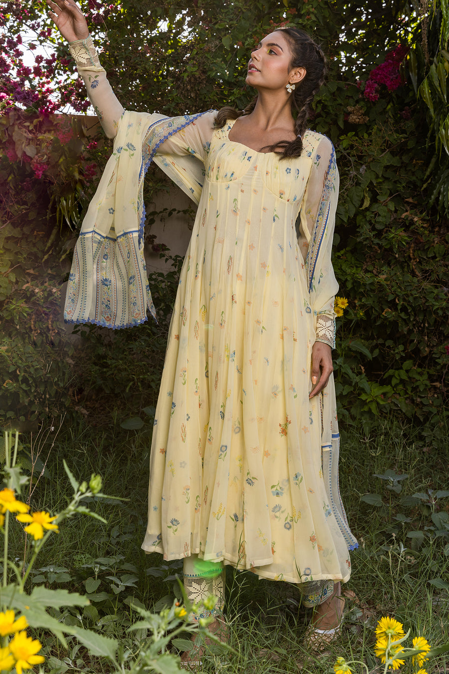 WOMEN'S PASTEL YELLOW - MULTICOLOR CHIFFON  JUNIPER ANARKALI SET